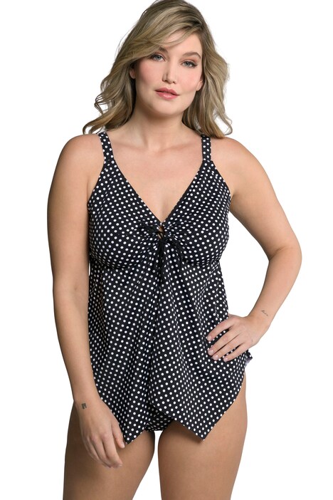 Tankiny, delší horní díl, puntíky, cípový lem, měkké košíčky