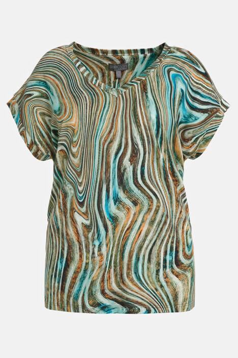 Wzorzysty T-shirt, wzór w fale, krój Slim Fit, krótki, dekolt w szpic, krótki rękaw