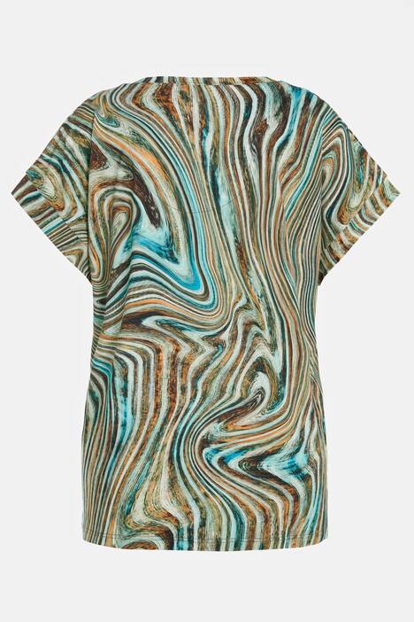 Wzorzysty T-shirt, wzór w fale, krój Slim Fit, krótki, dekolt w szpic, krótki rękaw