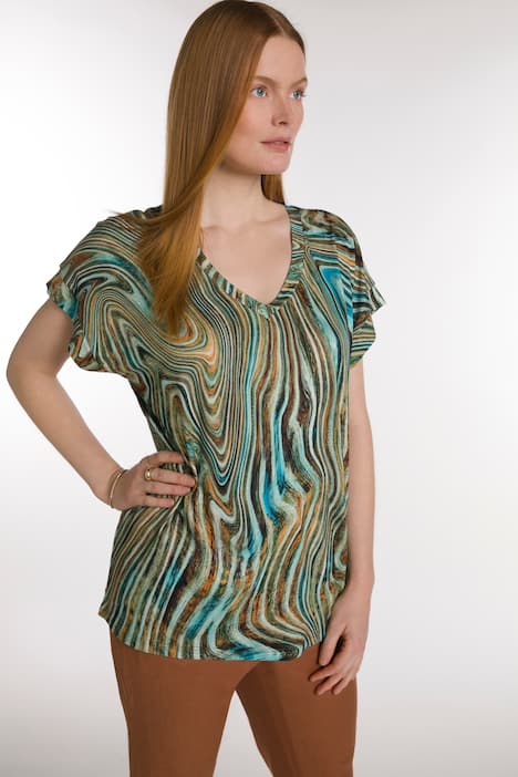 Wzorzysty T-shirt, wzór w fale, krój Slim Fit, krótki, dekolt w szpic, krótki rękaw