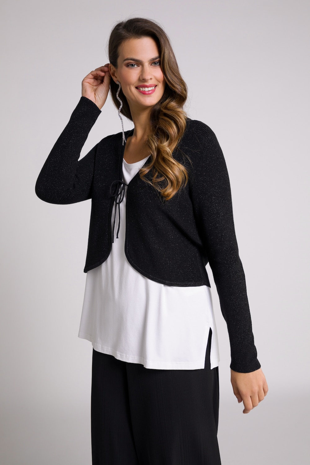 Plus Size Glitter Knit Front Tie Long Sleeve Bolero, Woman, black, size: 16/18, cotton/viscose/metallic fibers, Ulla Popken