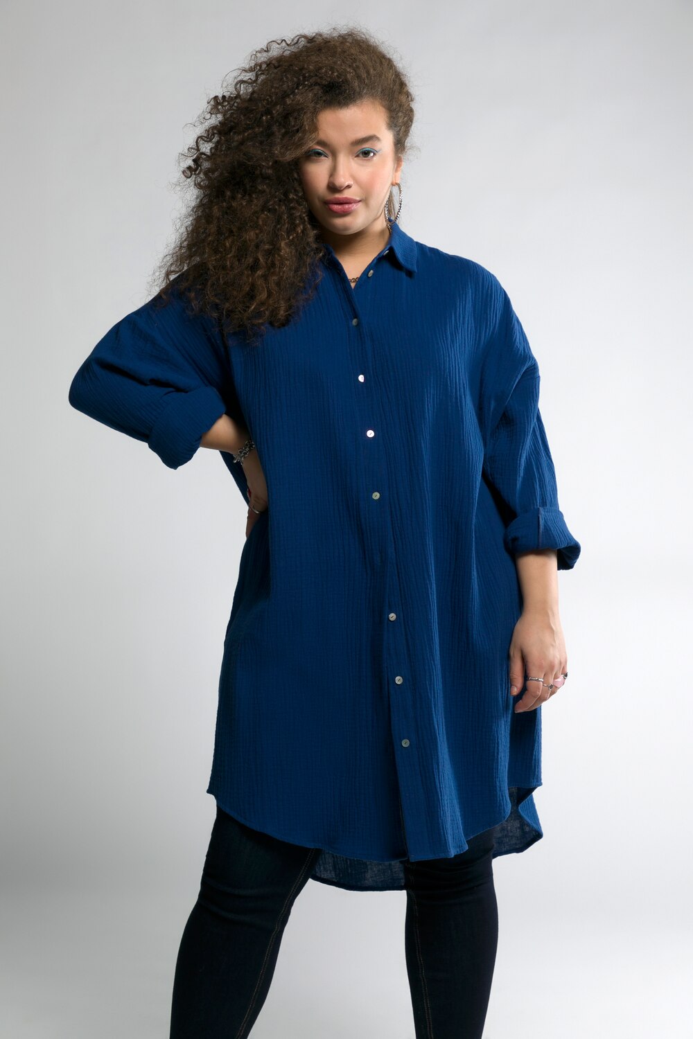 Grote Maten longline overhemd, Dames, blauw, Maat: 50/52, Katoen, Studio Untold