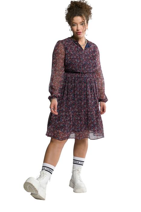 Šifonové šaty, A střih, kulatý výstřih, dlouhé rukávy, potisk