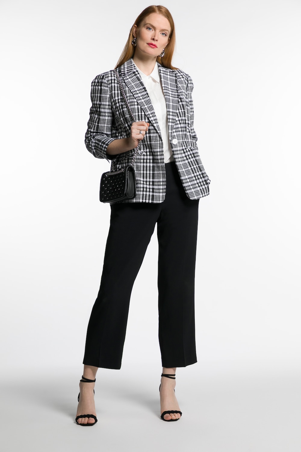 Plus Size Check Seersucker Button Front Long Sleeve Blazer, Woman, black, size: 16, cotton/polyester/synthetic fibers, Ulla Popken