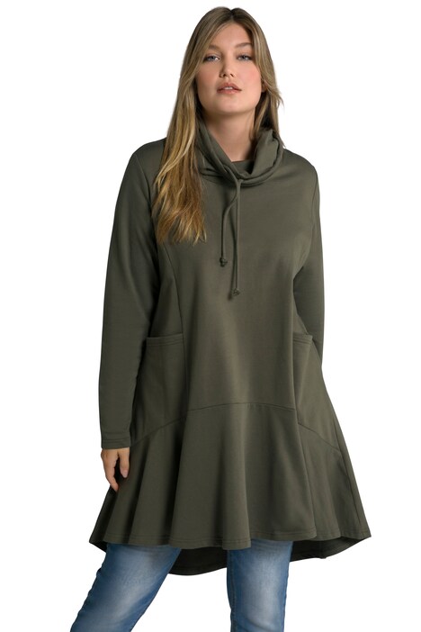 Dlouhá mikina, vzadu delší, A střih, stojáček, dlouhé rukávy