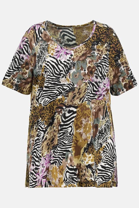 Lång topp, zebra, blommor, v-ringning, halv ärm