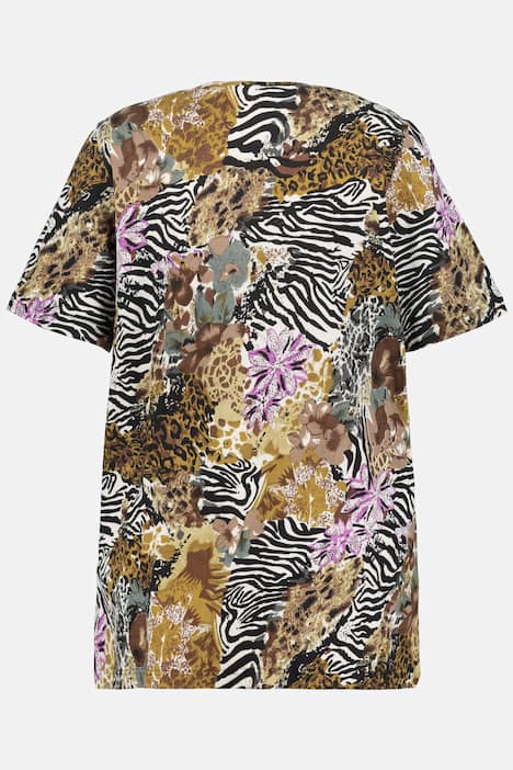 Lång topp, zebra, blommor, v-ringning, halv ärm