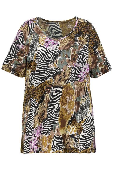 Dlouhé tričko, zebra, květy, výstřih do V, krátké rukávy