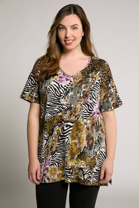 Lång topp, zebra, blommor, v-ringning, halv ärm