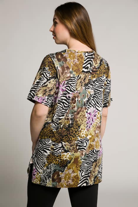 Lång topp, zebra, blommor, v-ringning, halv ärm