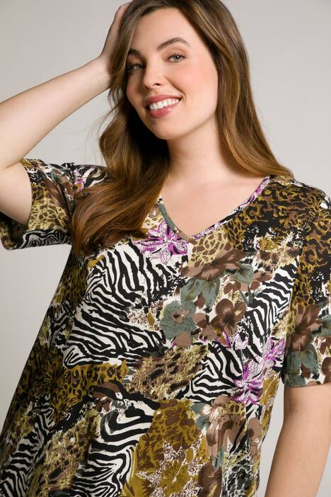 Lång topp, zebra, blommor, v-ringning, halv ärm