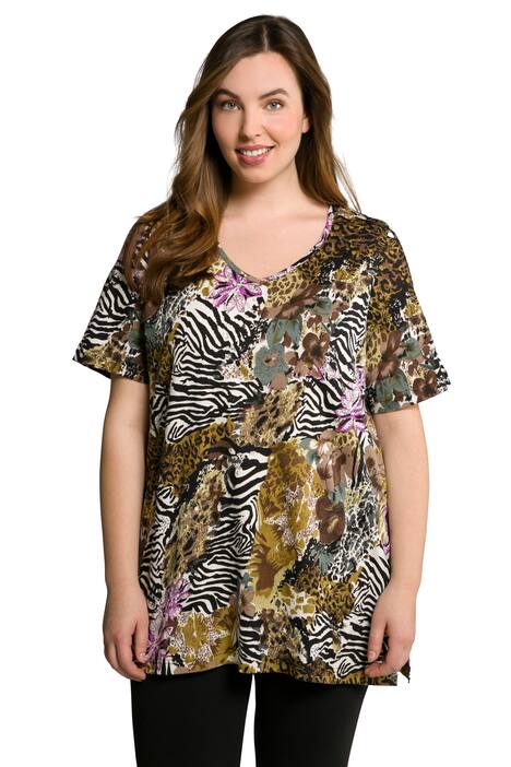 Dlouhé tričko, zebra, květy, výstřih do V, krátké rukávy