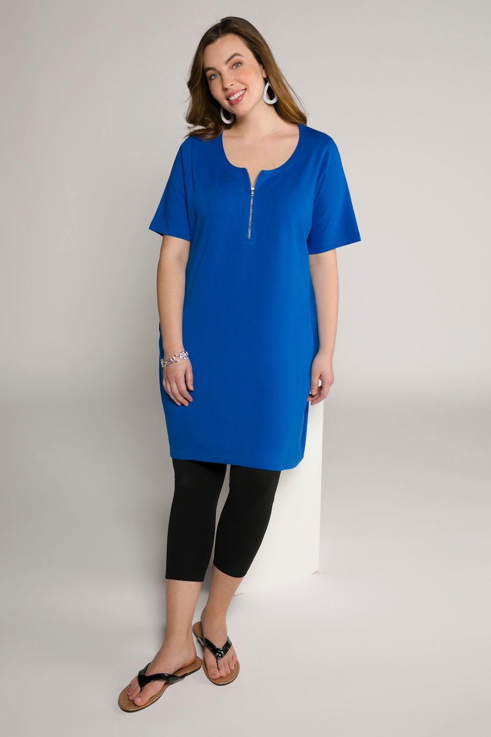 Plus Size Zipper Pocket Swing Cotton Knit Tunic, Woman, blue, size: 20/22, cotton, Ulla Popken