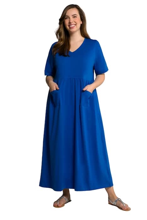 Žerzejové šaty, kapsy, kulatý výstřih, krátké rukávy, empírové šaty