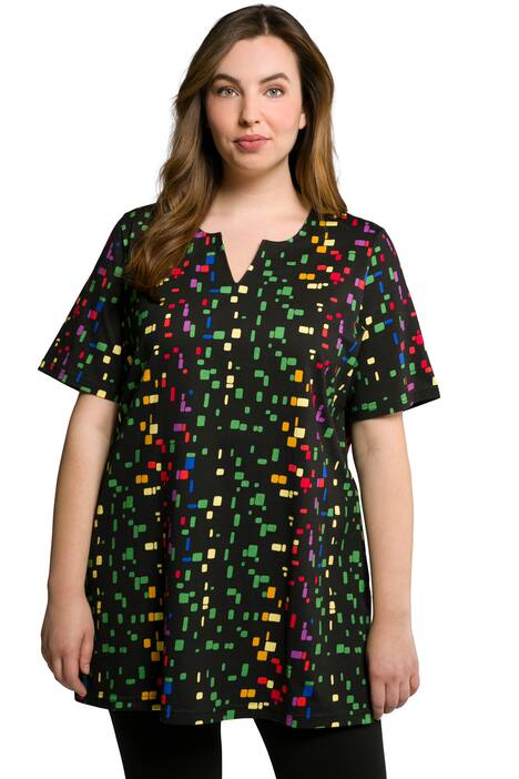 Dlouhé tričko, grafický potisk, tunikový výstřih, krátké rukávy