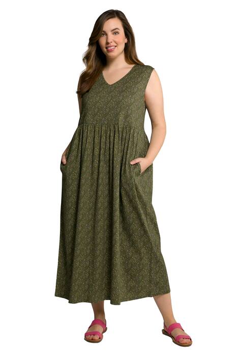 Žerzejové šaty, výstřih do V, bez rukávů, puntíkový vzor