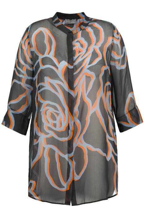 Dlouhá halenka, květy, A střih, stojáček, 3/4 rukávy