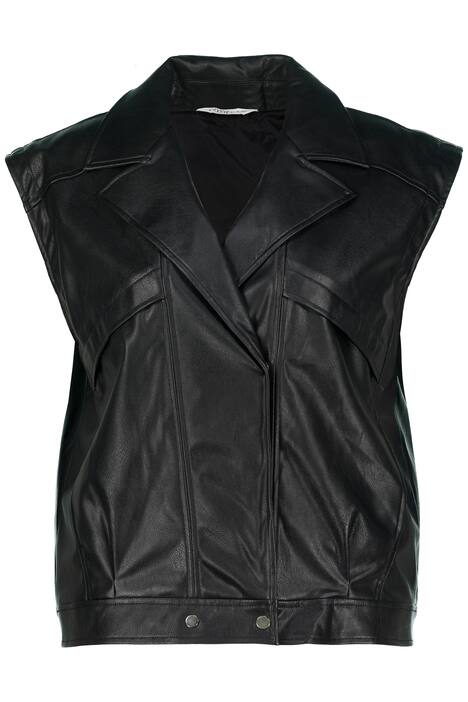 Vesta koženého vzhledu, oversize, motorkářská, klopy, patentní knofílky