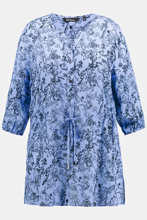 lång blus med blomtryck, dragsko, rund hals, trekvartsärm