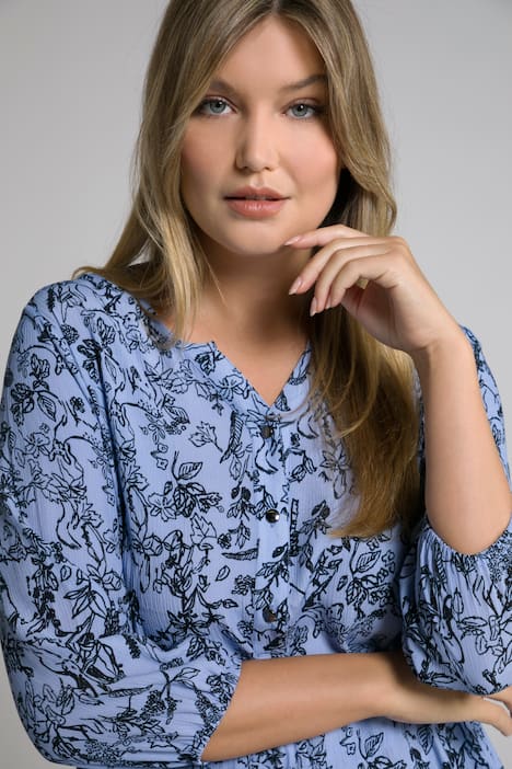 lång blus med blomtryck, dragsko, rund hals, trekvartsärm