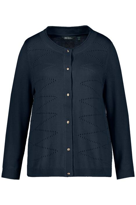 Rozepínací svetr, ažurový úplet, kulatý výstřih, metalické knoflíky