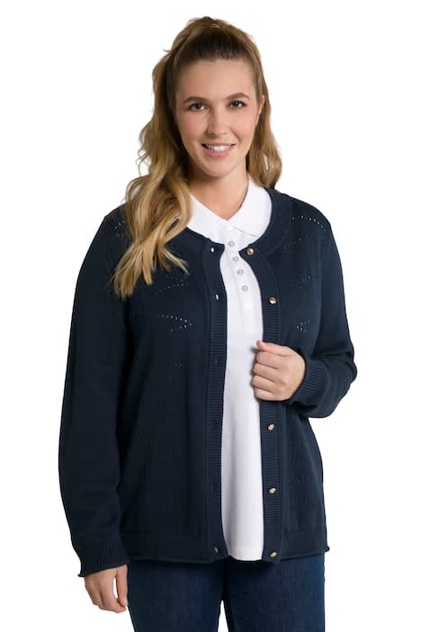 Rozepínací svetr, ažurový úplet, kulatý výstřih, metalické knoflíky