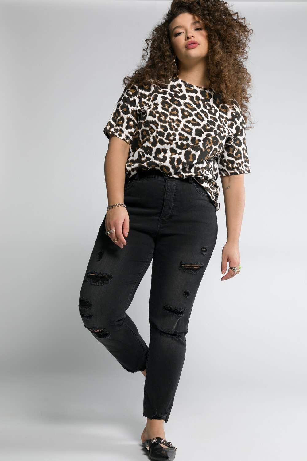 Grote Maten mom jeans, Dames, zwart, Maat: 48, Katoen/Viscose, Studio Untold