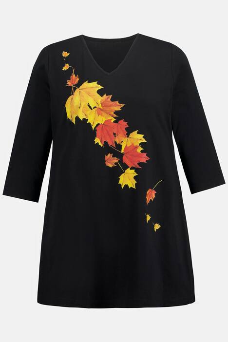 Longshirt, Blätter, A-Linie, V-Ausschnitt, 3/4-Arm