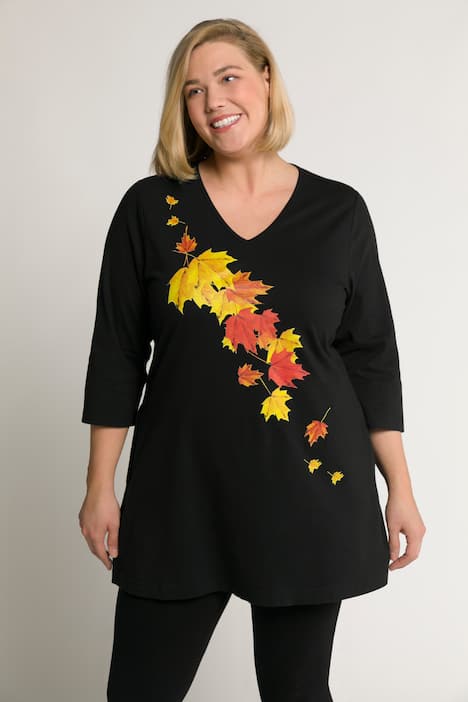 Longshirt, Blätter, A-Linie, V-Ausschnitt, 3/4-Arm