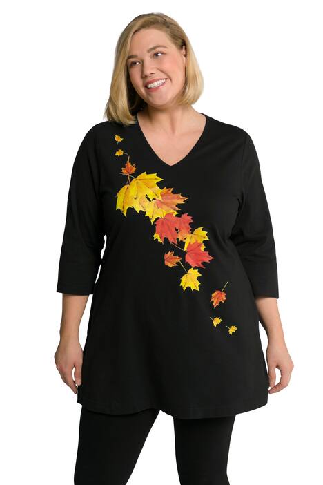 Dlouhé tričko, lístkový potisk, výstřih do V, 3/4 rukávy, A střih