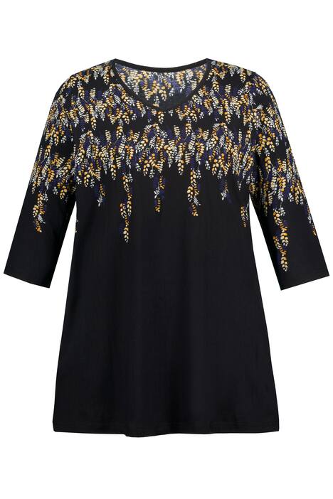 Dlouhé tričko, lístkový potisk, výstřih do V, 3/4 rukávy