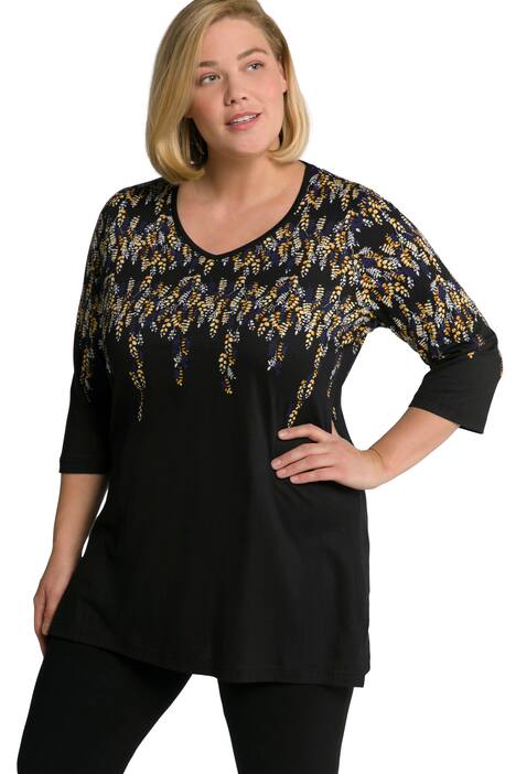 Dlouhé tričko, lístkový potisk, výstřih do V, 3/4 rukávy