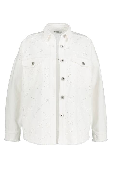 Džínová bunda, oversize, děrovaná výšivka, třásňový lem, dlouhé rukávy