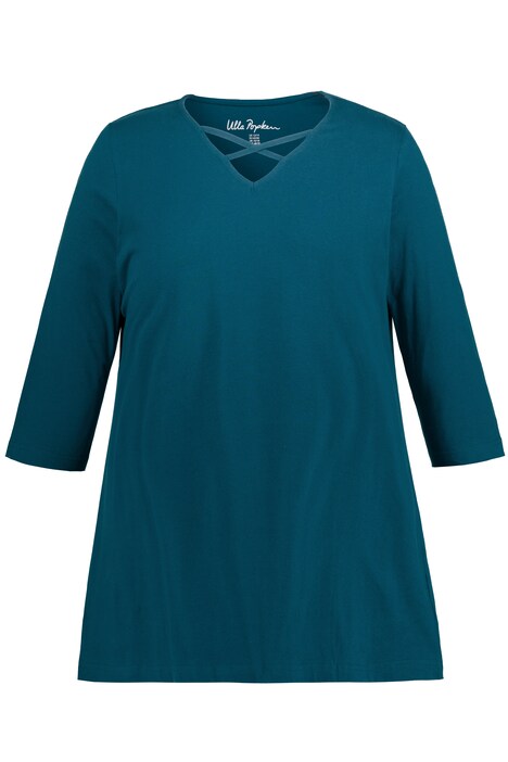 Dlouhé tričko, výstřih do V, ozdobné stuhy, 3/4 rukávy