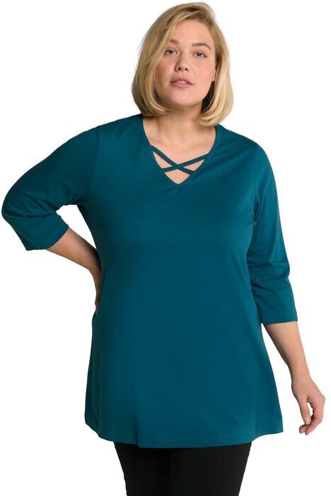 Dlouhé tričko, výstřih do V, ozdobné stuhy, 3/4 rukávy