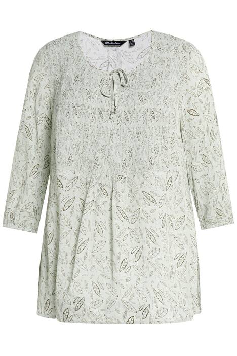 Mačkaná halenka, listy, A střih, kulatý výstřih, 3/4 rukávy