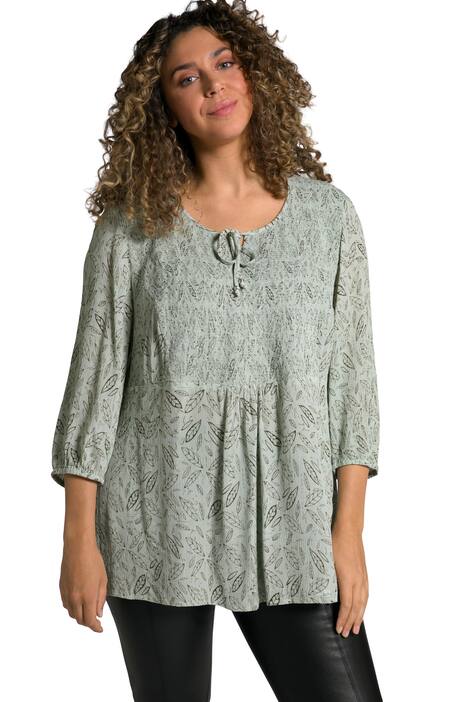 Mačkaná halenka, listy, A střih, kulatý výstřih, 3/4 rukávy