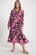 Kwiecista sukienka midi, linia litery A, dekolt a la tunika, długie rękawy