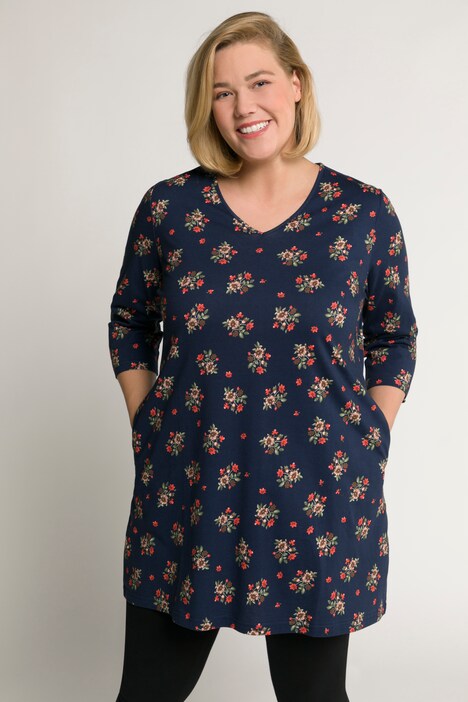 Navy Floral Print Swing Knit Tunic