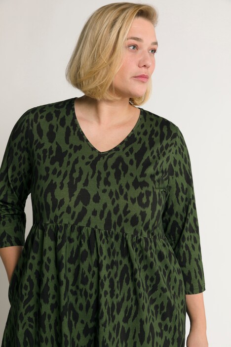 Kleid, Jersey, Animal Muster, V-Ausschnitt, 3/4-Ärmel