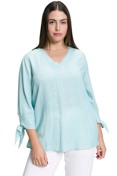 Halenka, lněná směs, výstřih do V, 3/4 rukávy, ozdobná mašle