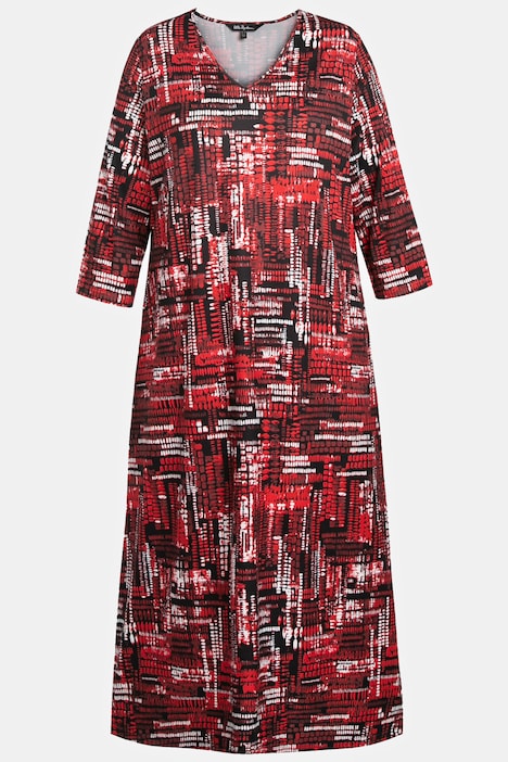 Kleid, Jersey, Grafik Muster, V-Ausschnitt, 3/4-Ärmel