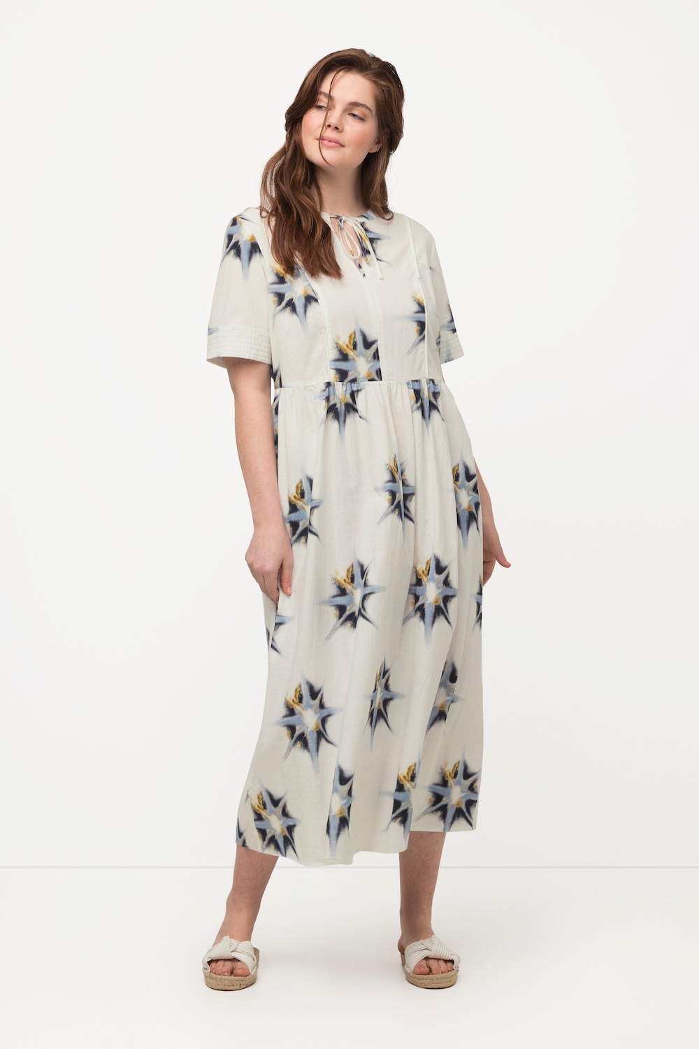 Plus Size Eco Cotton Starburst Print Tie Neck Dress, Woman, white, size: 16/18, cotton, Ulla Popken