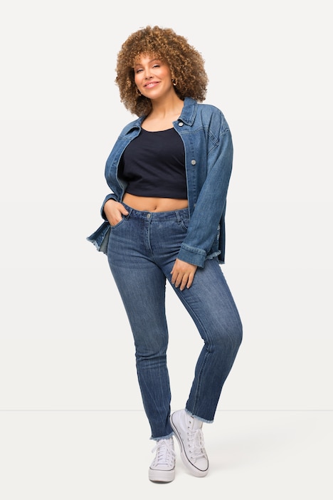 jeans Sarah, tekstprint, high waist, smal, rafels