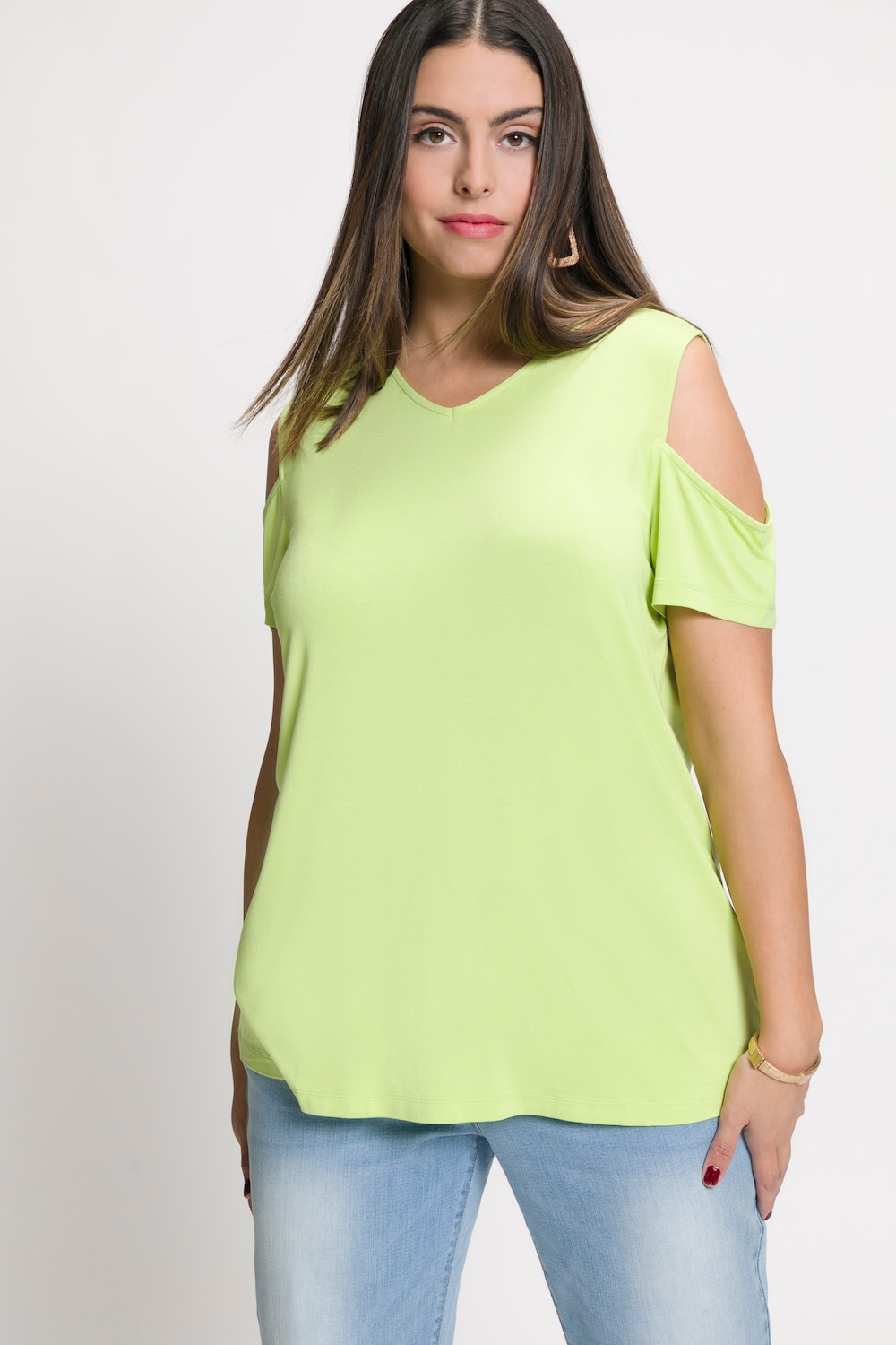 Plus Size Shoulder Cutout V-Neck Stretch Knit Top, Woman, green, size: 16/18, viscose, Ulla Popken