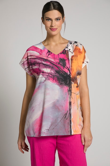 Camiseta, estampado de acuarela, cuello redondo, sobredimensionada, media manga