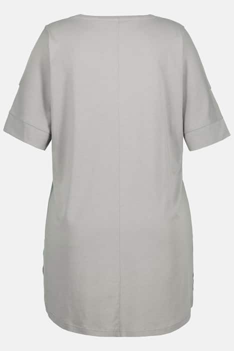 Długa koszula, wycięcia na ramionach, dekolt w szpic, obniżona linia ramion, rękawy 1/2