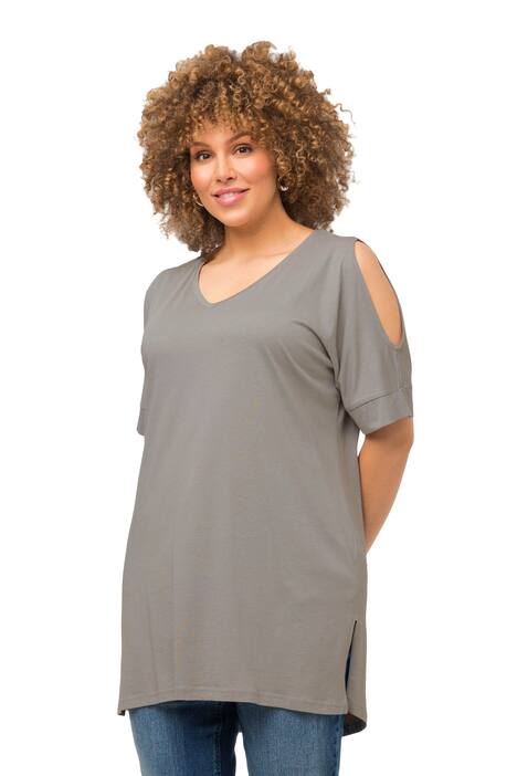 Dlouhé tričko, průstřihy na ramenou, výstřih do V, krátké rukávy