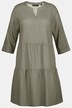 Vestido, forma en A, cuello de túnica, manga 3/4, mezcla de lino