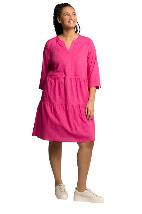 Midi šaty, A střih, tunikový výstřih, 3/4 rukávy, lněná směs